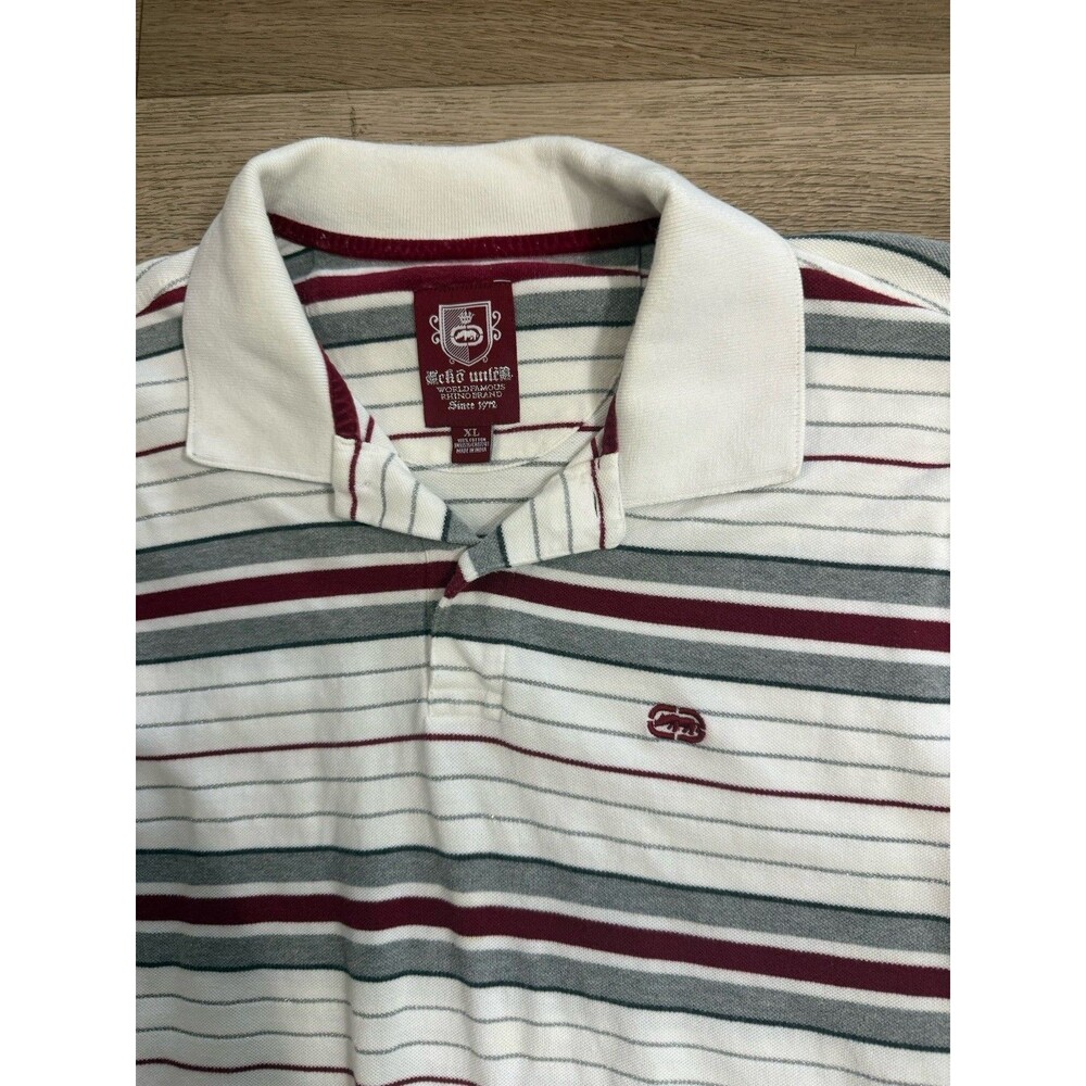 Vintage Ecko Unltd Striped Polo Shirt Mens XL White Red Gray Rhino Logo Y2K